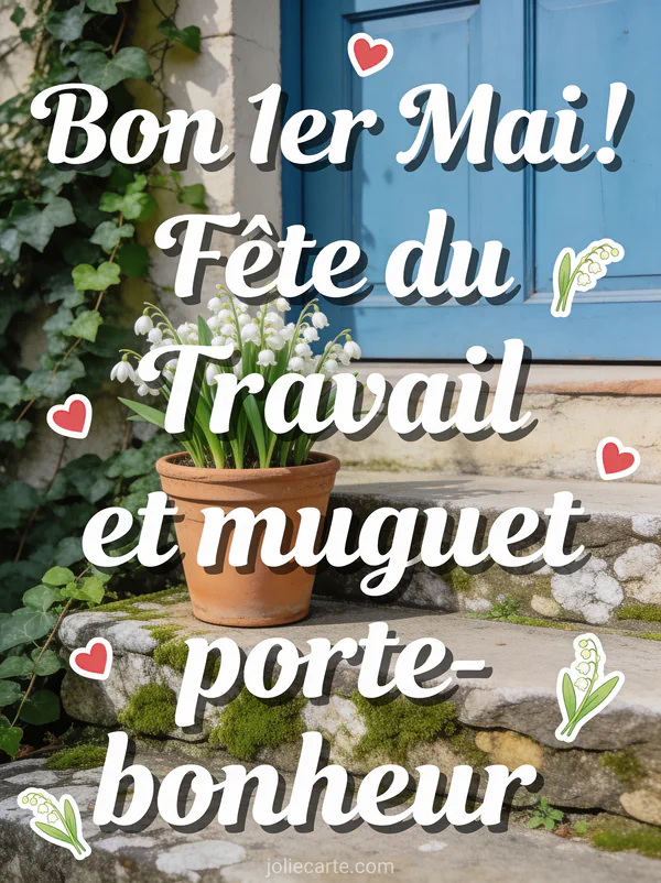 Petit pot en terre cuite avec du muguet posé sur un escalier en pierre moussue avec du lierre et une porte bleue en fond