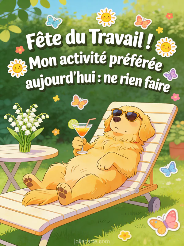 Illustration cartoon d'un golden retriever endormi sur une chaise longue avec des lunettes de soleil un cocktail et un brin de muguet
