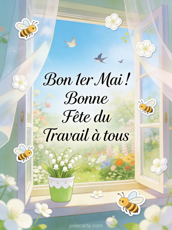 Illustration d'une fenêtre ouverte sur un jardin printanier avec un pot de muguet sur le rebord des rideaux flottants et des oiseaux