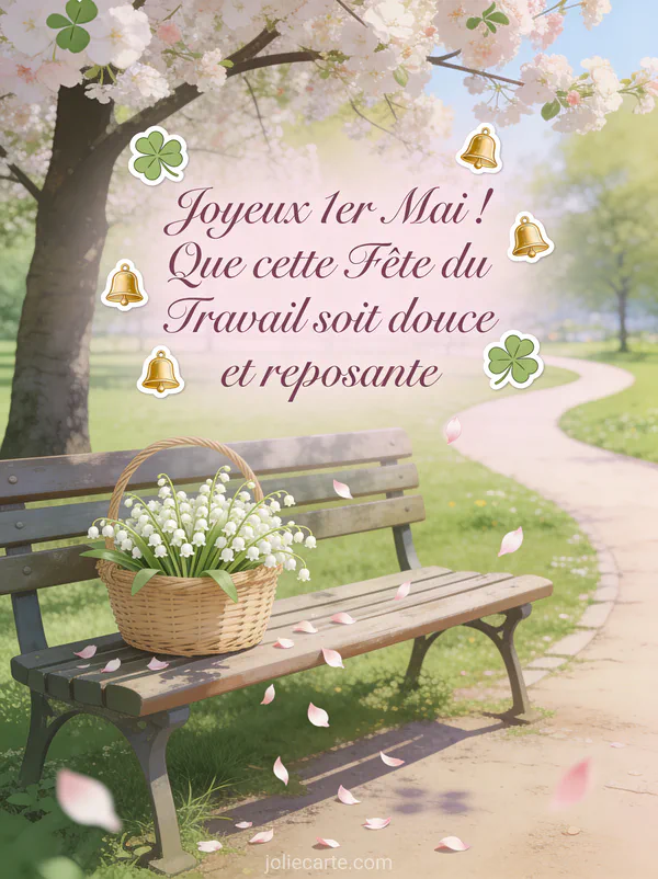 Illustration d'un banc de parc sous un arbre en fleurs avec un panier de muguet des pétales qui tombent et un chemin sinueux en tons pastel
