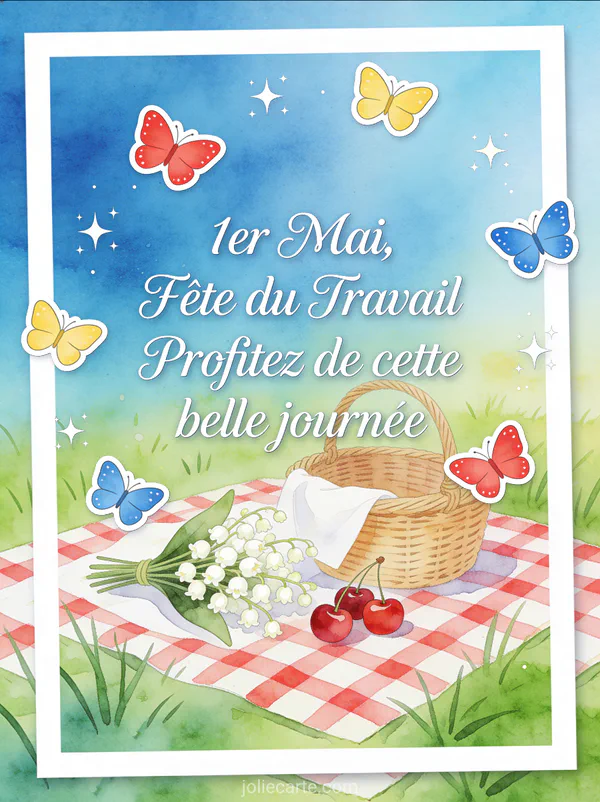 Illustration aquarelle d'un pique-nique dans un pré avec nappe à carreaux panier en osier bouquet de muguet et cerises sur fond bleu ciel