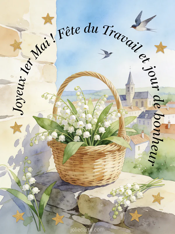Illustration aquarelle d'un panier en osier rempli de muguet posé sur un muret de pierre avec le texte Joyeux 1er Mai