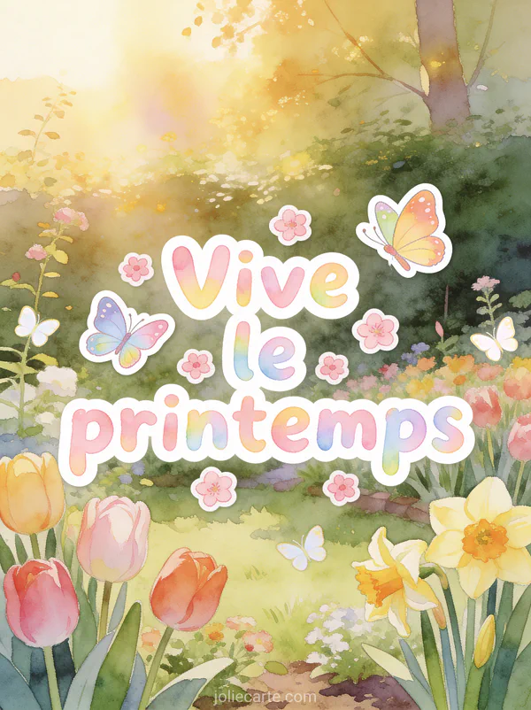 Jardin fleuri avec tulipes et jonquilles baignées de lumière dorée matinale avec le texte Vive le printemps en lettres aquarelle