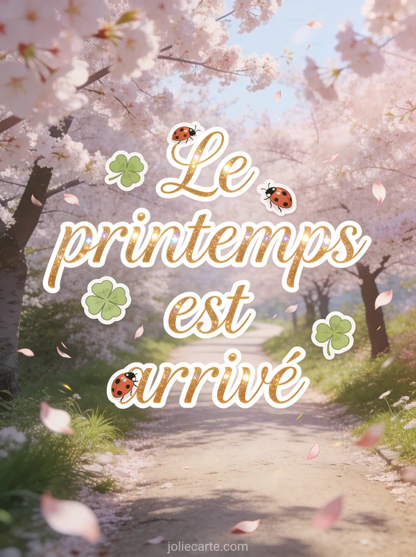 Chemin bordé de cerisiers en fleurs avec pétales virevoltant dans la brise et le texte Le printemps est arrivé en cursive dorée