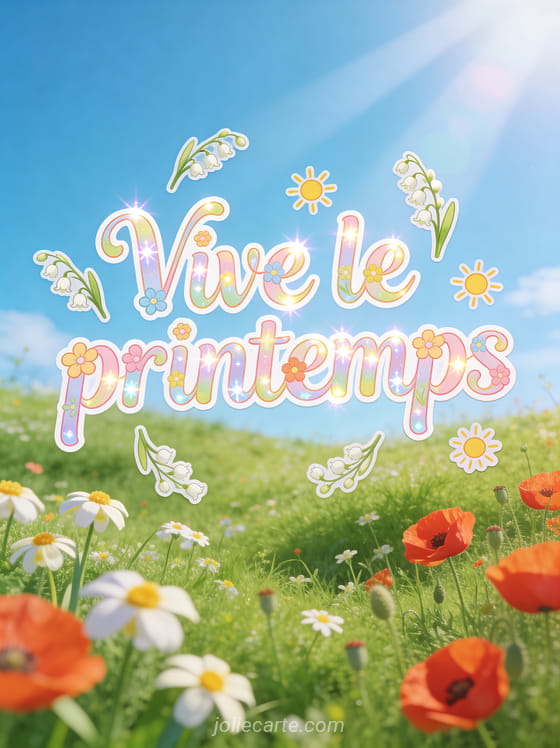 Pré verdoyant parsemé de pâquerettes et de coquelicots sous un ciel bleu lumineux avec le texte Vive le printemps en lettres fleuries