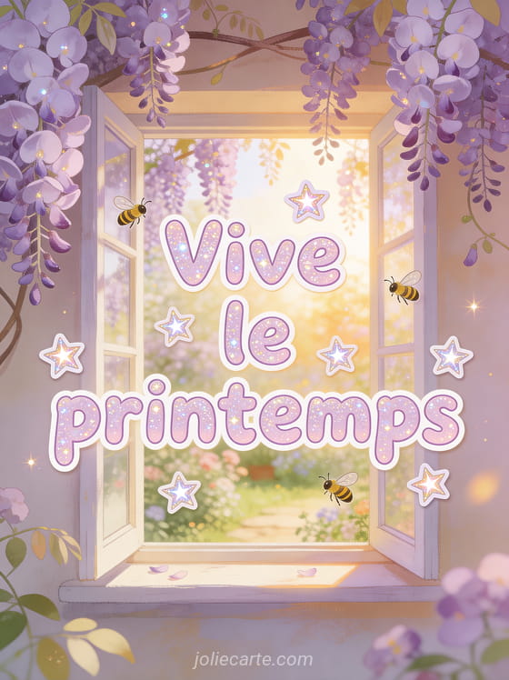 Fenêtre ouverte sur un jardin printanier avec glycines mauves et lumière chaude avec le texte Vive le printemps en lettres pailletées