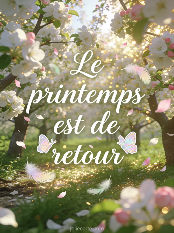 Verger de pommiers en fleurs avec pétales blancs et roses tombant doucement et le texte Le printemps est de retour en lettres manuscrites