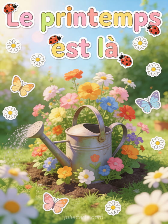 Petit jardin avec arrosoir vintage entouré de fleurs colorées et papillons avec le texte Le printemps est là en lettres gaies