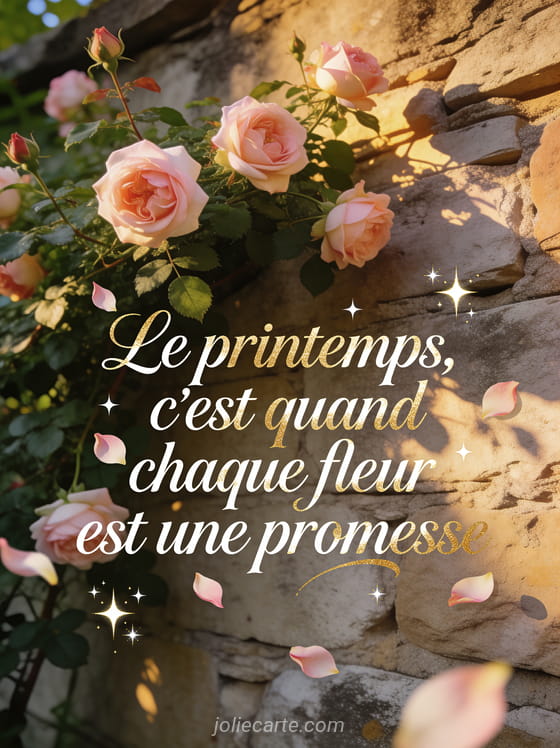 Rosier grimpant sur un vieux mur de pierre avec lumière dorée d'après-midi et texte calligraphié sur les fleurs du printemps
