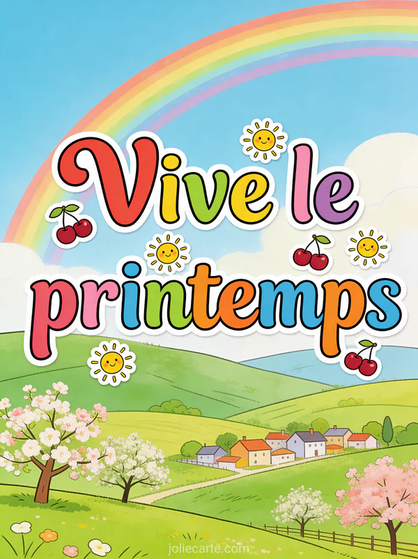 Paysage de campagne illustré avec collines vertes petit village arbres en fleurs et arc-en-ciel avec le texte Vive le printemps style bande dessinée