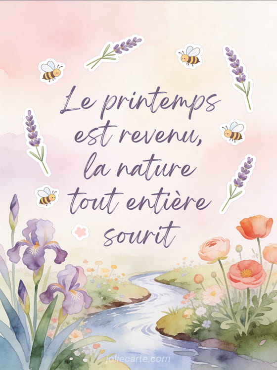 Petit ruisseau serpentant entre des berges fleuries d'iris et de renoncules avec le texte sur le printemps en lettres pastel