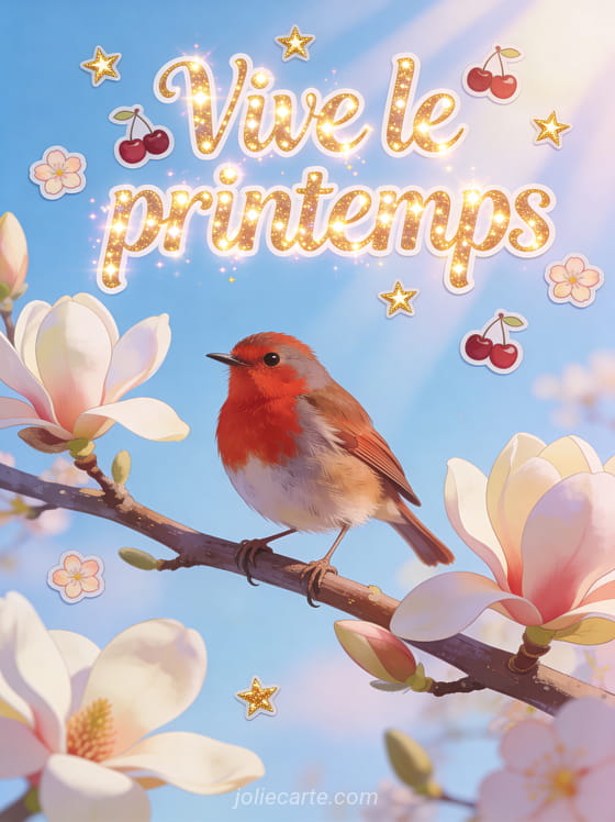 Rouge-gorge posé sur une branche de magnolia en fleurs avec rayons de soleil et le texte Vive le printemps en lettres scintillantes