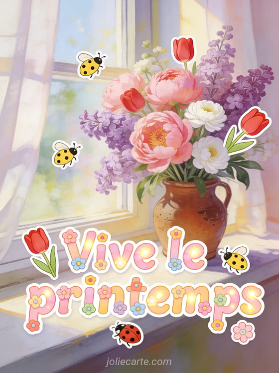 Bouquet de pivoines roses lilas mauves et renoncules blanches dans un vase rustique sur un rebord de fenêtre ensoleillé avec le texte Vive le printemps