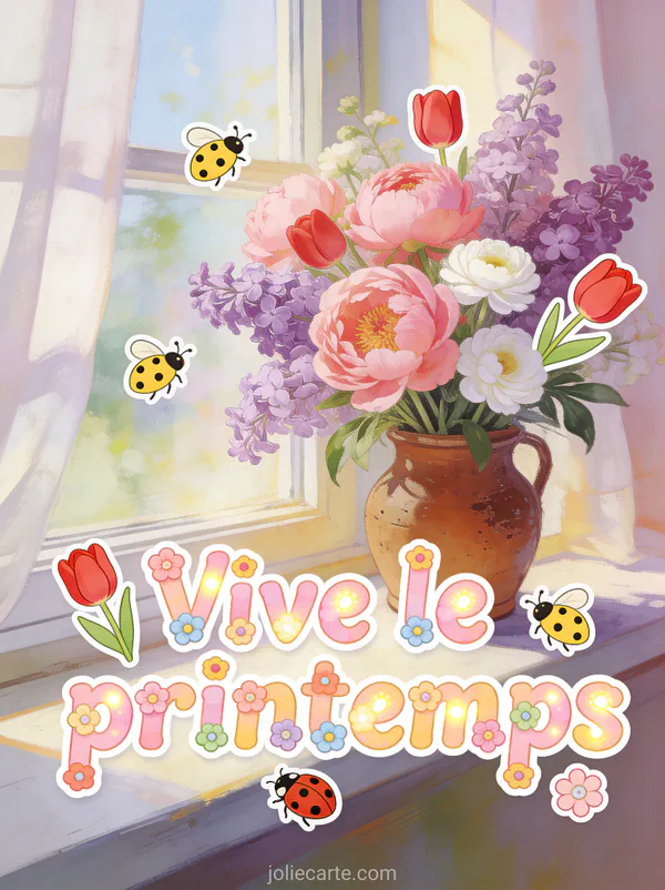 Bouquet de pivoines roses lilas mauves et renoncules blanches dans un vase rustique sur un rebord de fenêtre ensoleillé avec le texte Vive le printemps