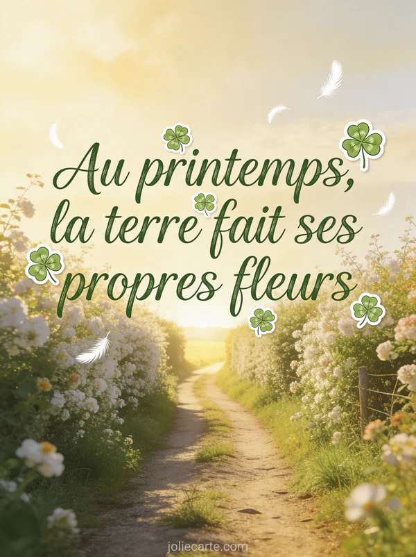 Sentier de campagne bordé de haies fleuries menant vers un horizon lumineux avec le texte Au printemps la terre fait ses propres fleurs