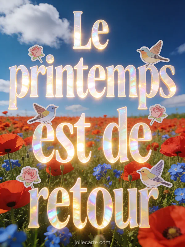 Grand champ de coquelicots rouges et de bleuets sous un ciel bleu profond avec nuages blancs et le texte Le printemps est de retour