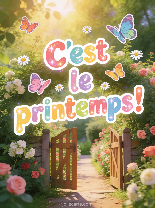 Jardin luxuriant avec portillon en bois ouvert sur une allée fleurie de roses et de jasmin avec le texte C'est le printemps