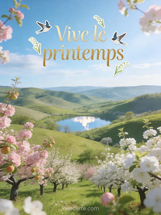 Vaste paysage de collines verdoyantes avec arbres fruitiers en fleurs petit lac et ciel bleu lumineux avec le texte Vive le printemps