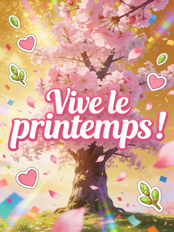 Grand cerisier couvert de fleurs roses avec pétales s'envolant dans le vent sous un ciel doré et le texte Vive le printemps