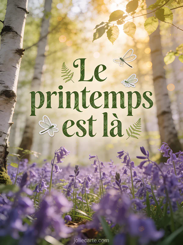Forêt de bouleaux au printemps avec tapis de jacinthes des bois violettes et lumière dorée filtrant à travers les feuilles