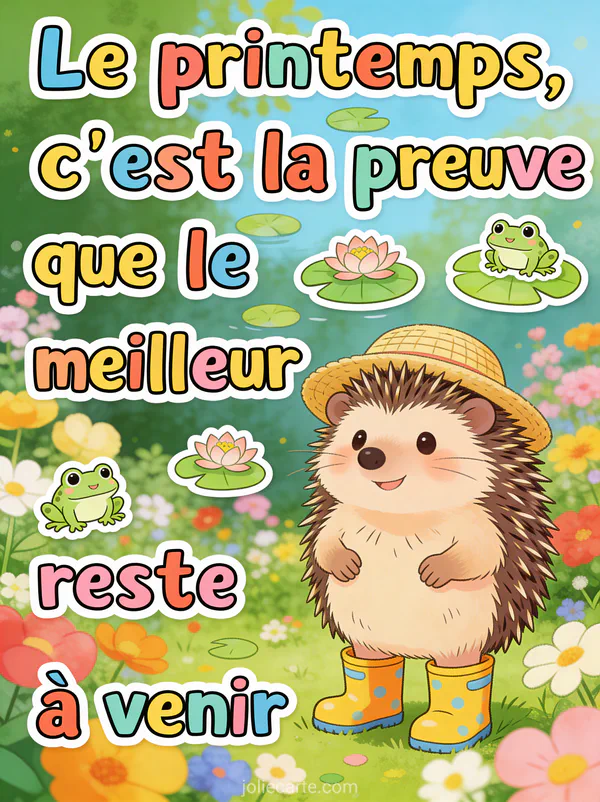 Hérisson portant un chapeau de paille et des bottes de pluie dans un jardin fleuri avec le texte humoristique sur le printemps