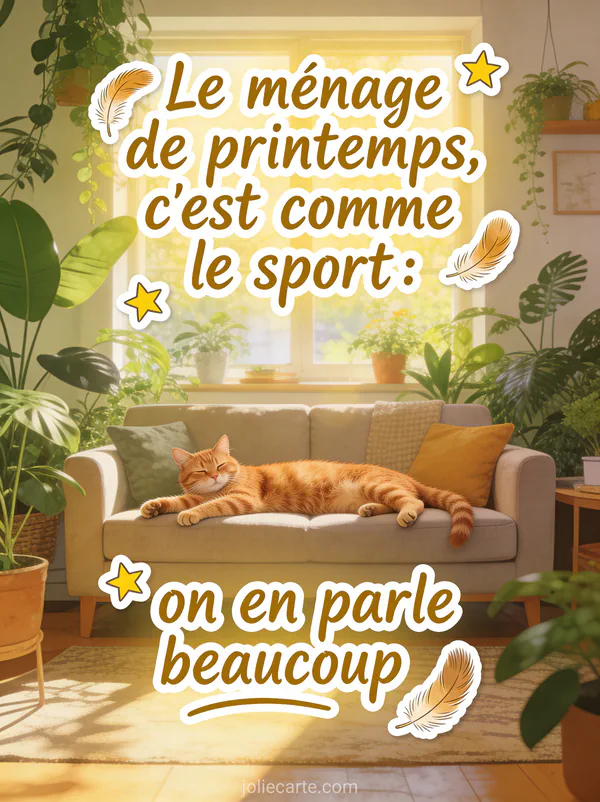 Chat roux allongé de tout son long sur un canapé dans un salon ensoleillé rempli de plantes vertes avec texte humoristique