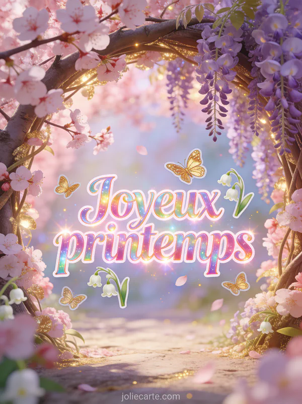 Arche de branches de cerisier et wisteria en fleurs formant un tunnel fleuri baigné de lumière rose et le texte Joyeux printemps