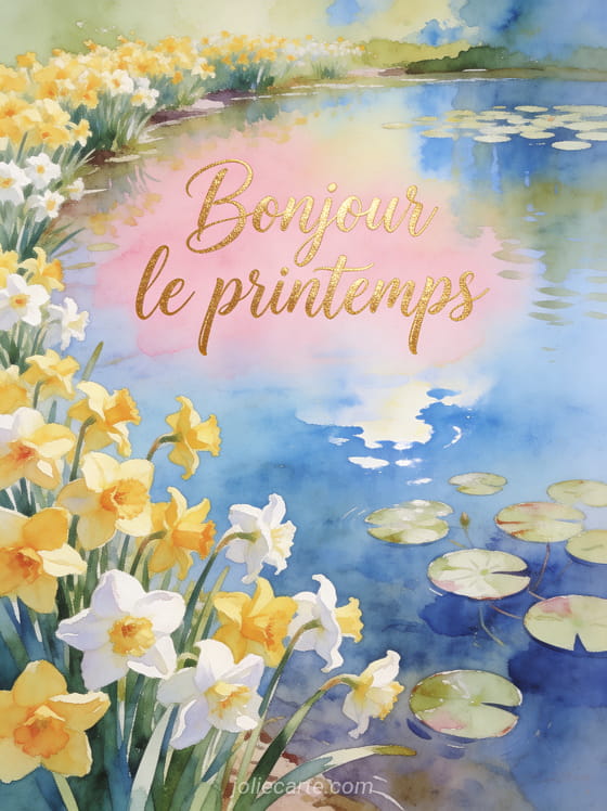 Parterre de narcisses jaunes et blancs au bord d’un étang avec nénuphars et reflet du ciel bleu style aquarelle lumineuse