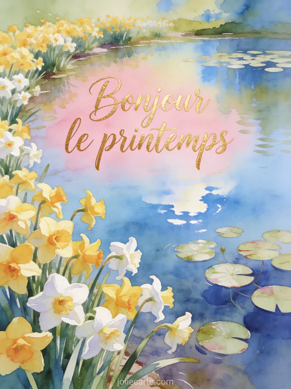 Parterre de narcisses jaunes et blancs au bord d’un étang avec nénuphars et reflet du ciel bleu style aquarelle lumineuse
