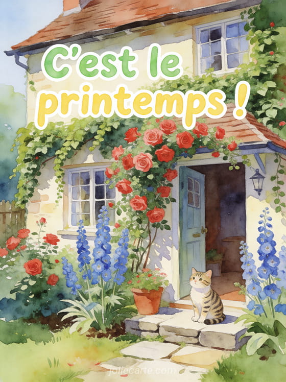 Cottage anglais couvert de lierre avec jardin de roses grimpantes et delphiniums bleus et un petit chat assis sur le perron