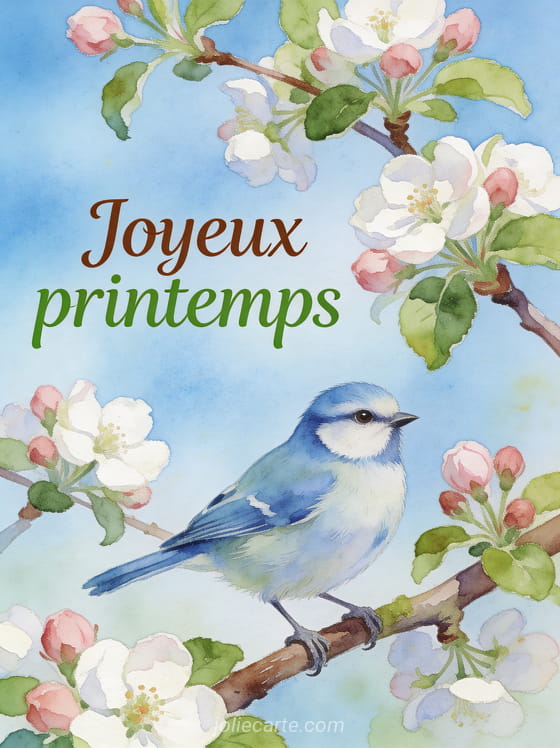 Mésange bleue perchée sur une branche de pommier en fleurs avec bourgeons roses et fond de ciel bleu tendre style aquarelle