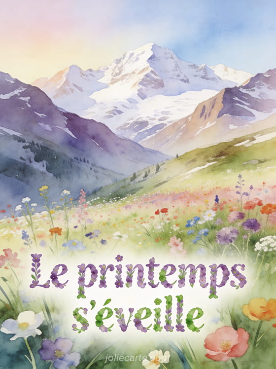 Prairie alpine couverte de fleurs sauvages multicolores avec montagnes enneigées en arrière-plan et le texte Le printemps s'éveille