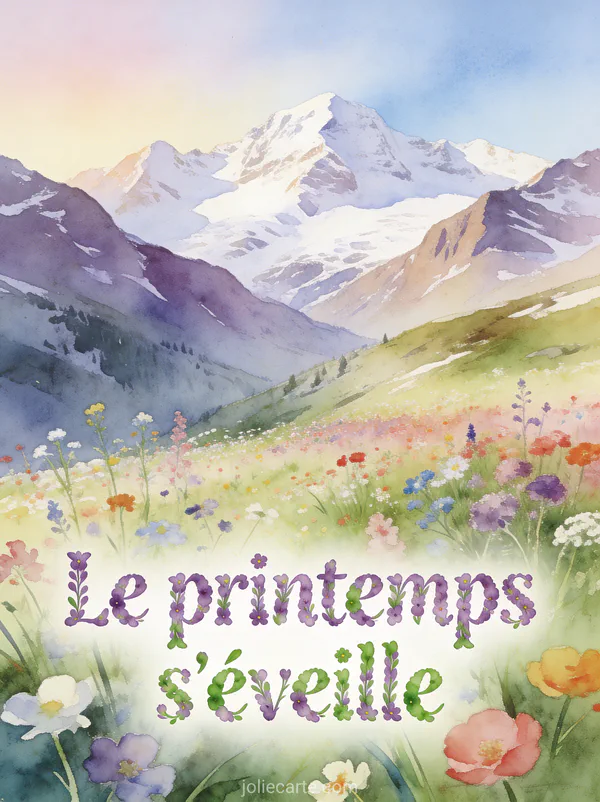 Prairie alpine couverte de fleurs sauvages multicolores avec montagnes enneigées en arrière-plan et le texte Le printemps s'éveille