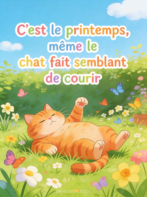 Gros chat roux paresseux allongé dans l'herbe d'un jardin ensoleillé levant une patte entouré de pâquerettes et papillons