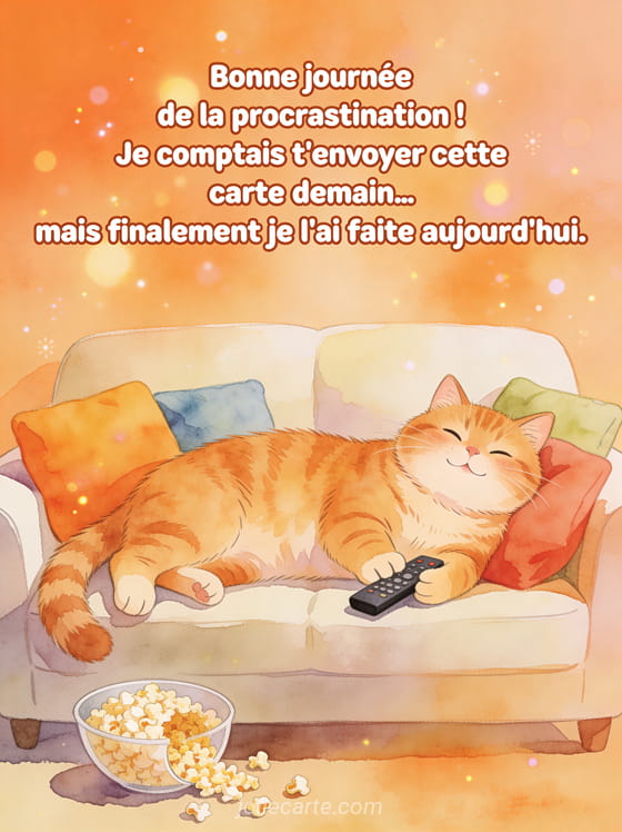Illustration aquarelle d'un gros chat roux allongé sur un canapé moelleux avec coussins colorés, télécommande sous la patte et pop-corn renversé, texte Bonne journée de la procrastination
