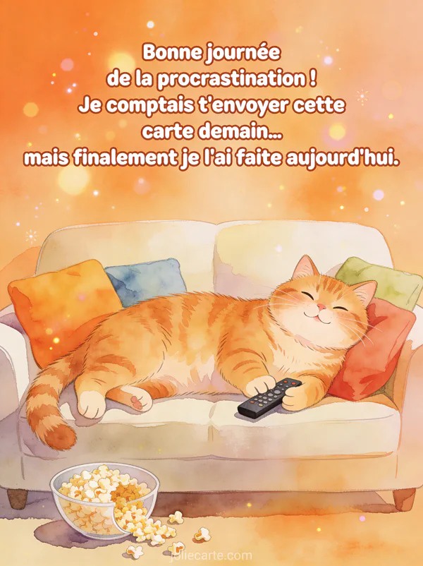 Illustration aquarelle d'un gros chat roux allongé sur un canapé moelleux avec coussins colorés, télécommande sous la patte et pop-corn renversé, texte Bonne journée de la procrastination
