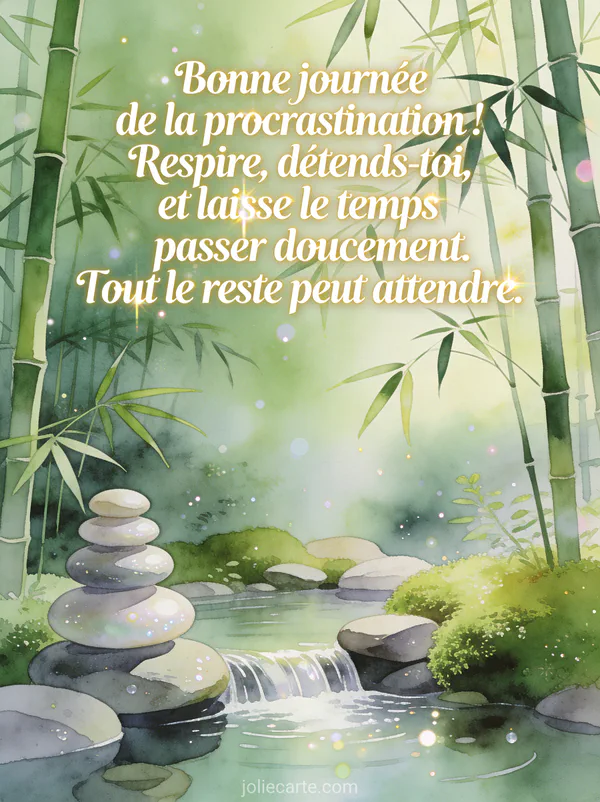 Illustration aquarelle d'un jardin zen japonais avec bambous verts, galets empilés en cairn, eau calme coulant sur des pierres lisses et mousse verte épaisse