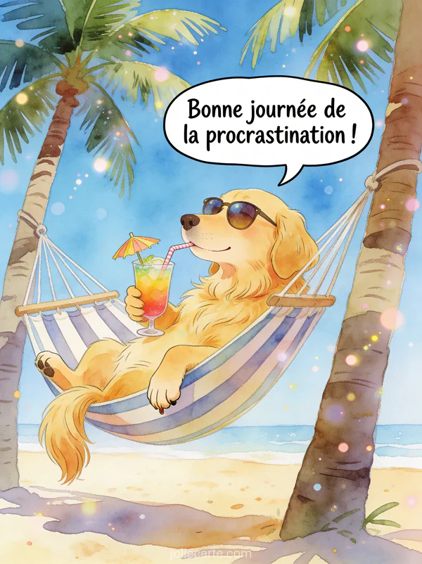 Illustration aquarelle d'un golden retriever avec lunettes de soleil couché dans un hamac rayé entre deux palmiers, tenant un cocktail tropical avec parasol
