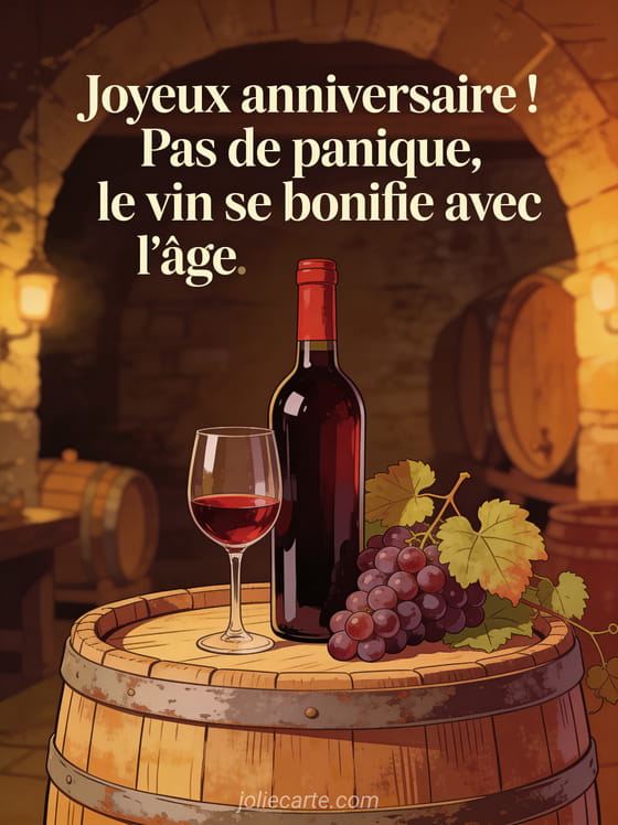 Bouteille de vin rouge millésimée et verre à moitié rempli posés sur un tonneau en chêne avec le texte Joyeux anniversaire Pas de panique le vin se bonifie avec l'âge