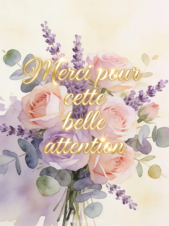 Bouquet aquarelle de roses pastel, lavande et eucalyptus sur fond crème avec le texte Merci pour cette belle attention en lettres cursives dorées