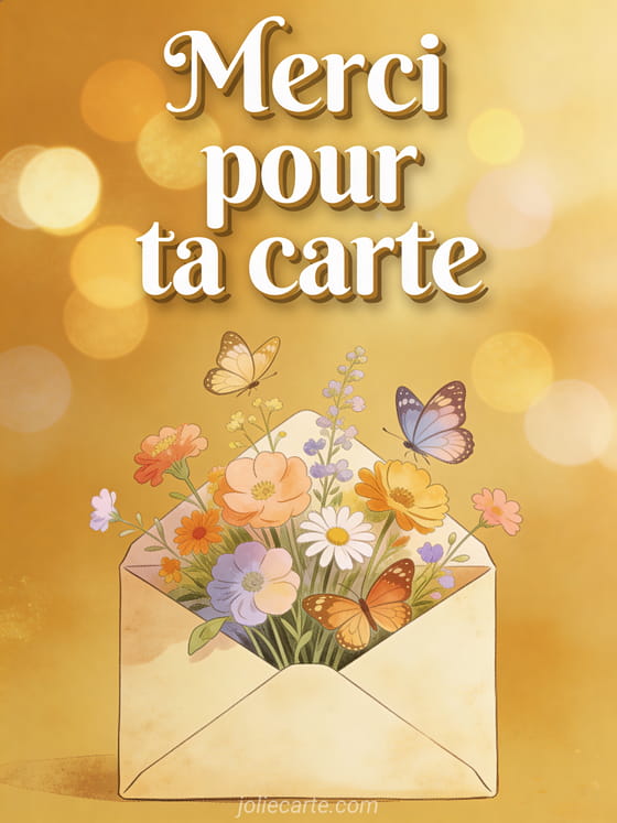 Enveloppe vintage ouverte avec fleurs sauvages colorées et papillons sur fond bokeh doré avec le texte Merci pour ta carte