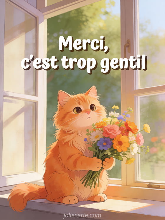 Adorable chat roux pelucheux tenant un bouquet de fleurs colorées sur un rebord de fenêtre avec le texte Merci c'est trop gentil