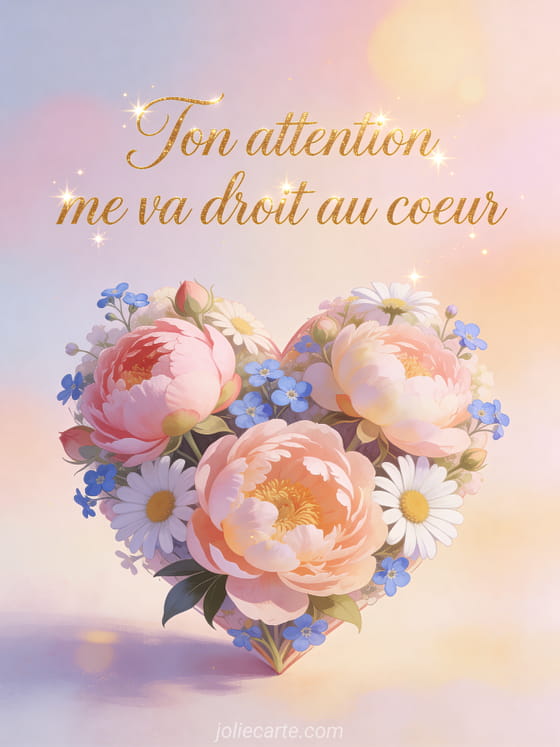 Coeur composé de pivoines, marguerites et myosotis sur fond pastel avec le texte Ton attention me va droit au coeur en lettres cursives dorées