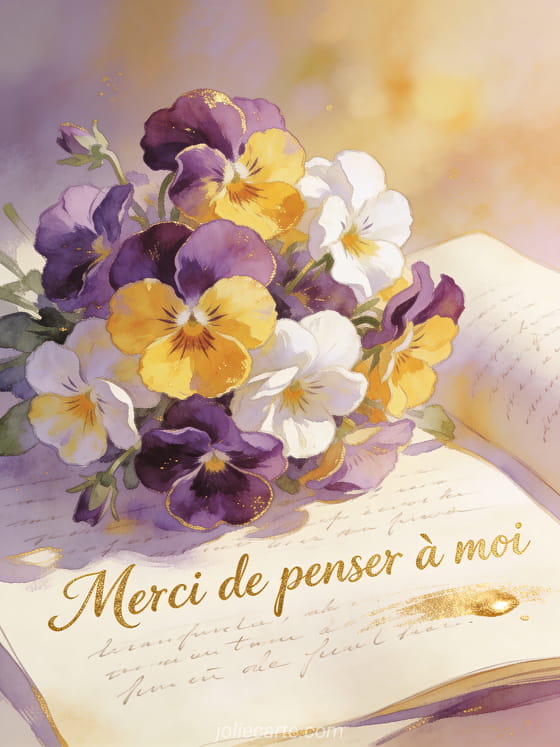 Bouquet de pensées violettes, jaunes et blanches posé sur une lettre manuscrite ouverte avec le texte Merci de penser à moi en encre dorée