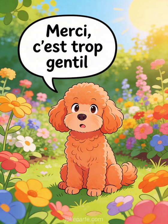 Adorable caniche abricot dans un jardin fleuri et ensoleillé avec une bulle de BD affichant Merci c'est trop gentil, style illustration cartoon