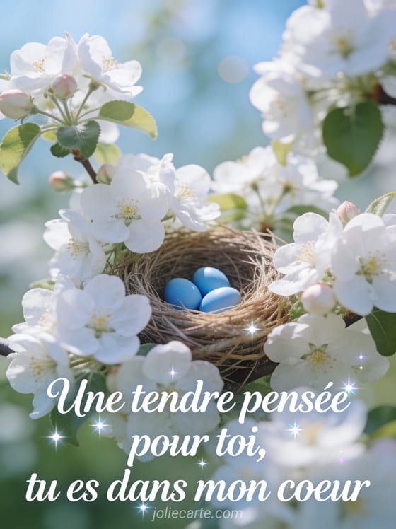 Nid d'oiseau délicat avec petits oeufs bleus entouré de fleurs de pommier blanches avec le texte Une tendre pensée pour toi
