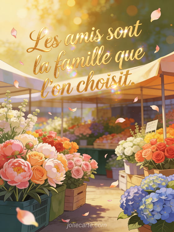 Texte doré cursif sur un marché aux fleurs avec pivoines, roses et hortensias dans la lumière dorée du matin
