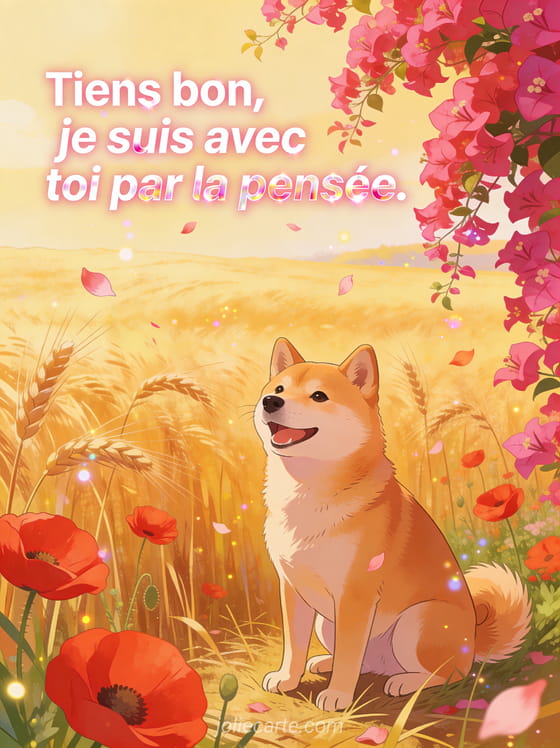 Champ de blé doré avec coquelicots rouges et shiba inu joyeux en illustration avec le texte Tiens bon je suis avec toi