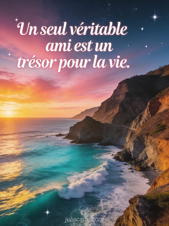 Texte blanc élégant sur la côte sauvage de Big Sur avec falaises, océan turquoise et coucher de soleil flamboyant