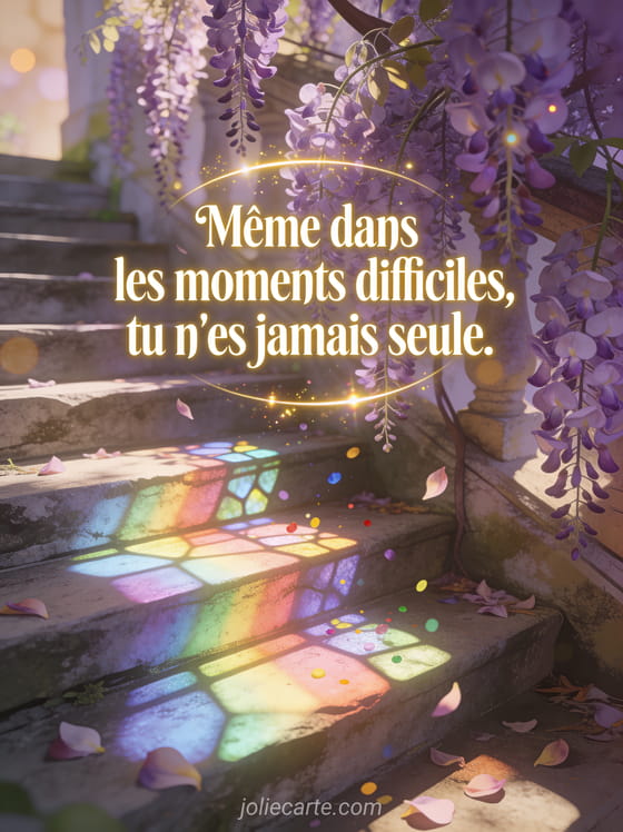 Escalier en pierre couvert de glycine mauve en cascade avec lumière de vitrail projetant des couleurs arc-en-ciel